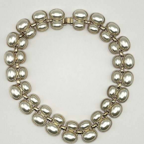 Vintage Faux Pearl Cabochon Necklace 18” Double Row Gold Tone Collar Statement - Picture 1 of 12